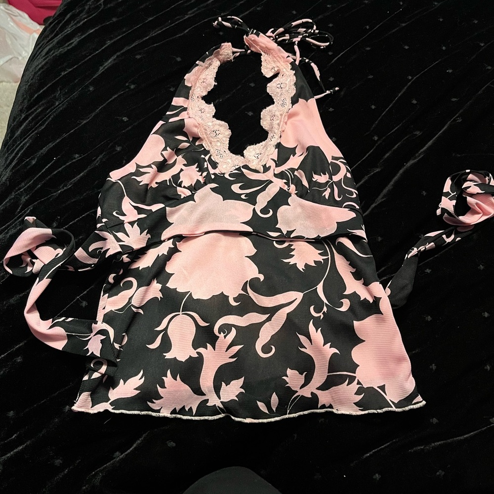 Charlotte Russe Pink and Black Patterned Halter with Lace Trim